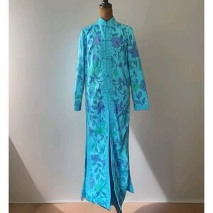 Vintage Couture Oriental Coat Robe 60s Floral Butterfly Women's Blue Purple